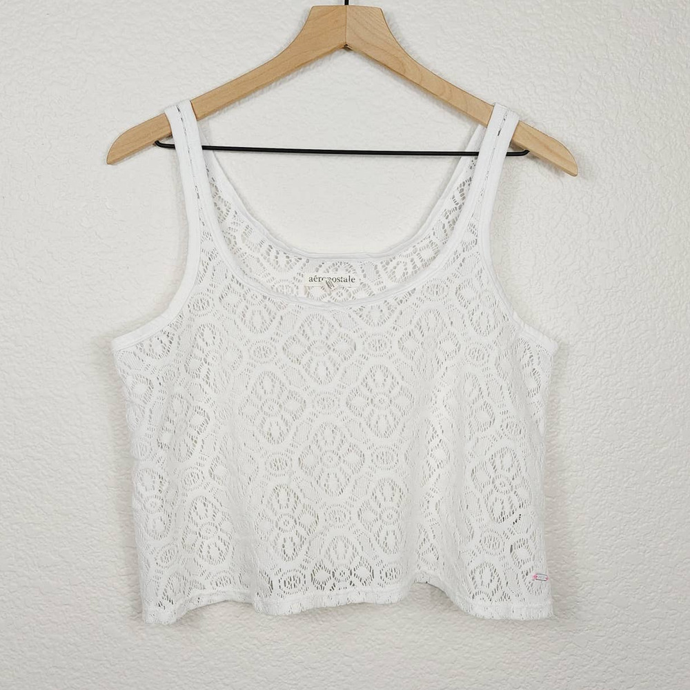 Aeropostale Cropped Crochet Lace Sheer Tank Top White Women's Medium Pre…
